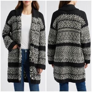 Lucky Brand Fair Isle Sweater Coat Shawl Collar Open Front Black Plus Size XXL
